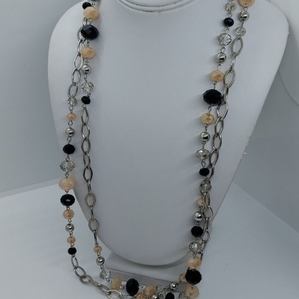 Long silver tone crystal bead necklace